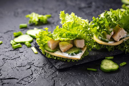 Keto fast food. Low carbs ketogenic burritos wrapped in lettuceの写真素材