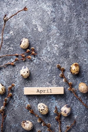 Easter festive background with quail eggsの写真素材