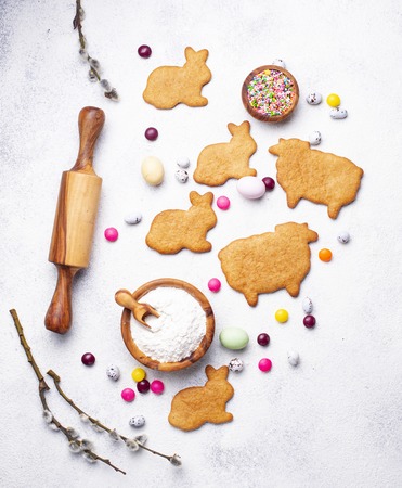 Easter cookie in shape of bunny and sheepの写真素材