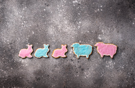 Easter homemade gingerbread cookie in shape of bunny and sheep