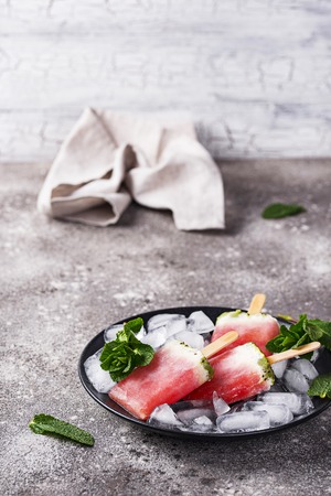 Homemade creative popsicles in shape of watermelonの写真素材