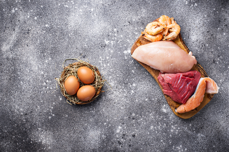 Beef and chicken meat, fish and shrimps.の写真素材