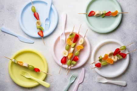 Fruit skewers, healthy summer snackの写真素材
