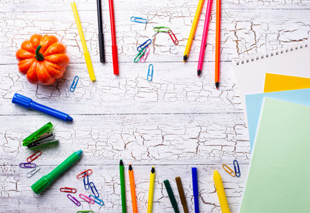 Different colorful stationery for student. Back to school conceptの写真素材