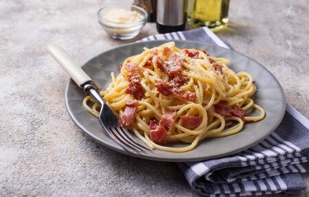 Pasta Carbonara with bacon and parmesanの写真素材
