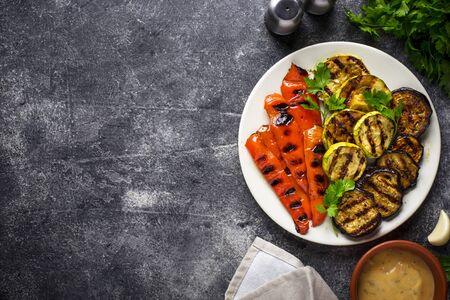 Grilled vegetables. Zucchini, bell pepper and eggplant. Summer vegan foodの写真素材