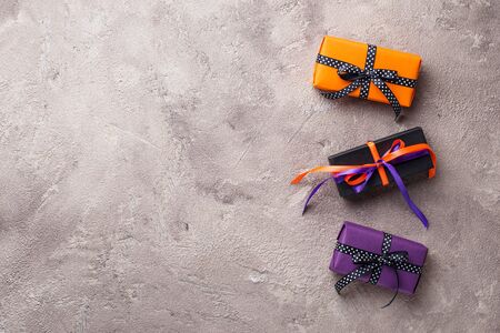 Halloween background with gift box. Top viewの写真素材