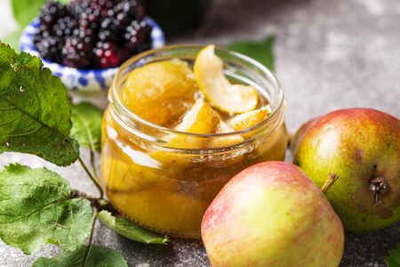 Apple and pear jam in glass jarの写真素材
