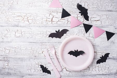 Halloween table setting in black and pink colorsの写真素材