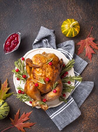 Baked turkey or chicken for Thanksgiving day festive dinnerの写真素材