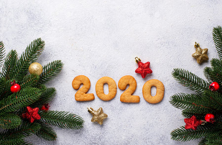 Gingerbread New Year cookies in shape of numbers 2020