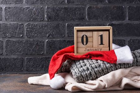 1 January in wooden cube calendarの写真素材