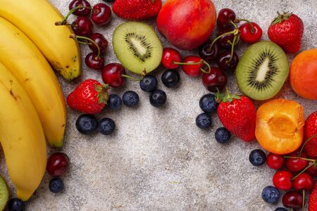 Fruits and berries summer backgroundの写真素材