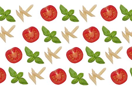 Pattern with cherry tomatoes, basil and pastaの写真素材