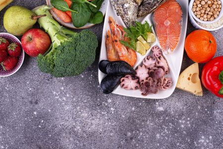 Pescetarian diet with seafood, fruit and vegetablesの写真素材