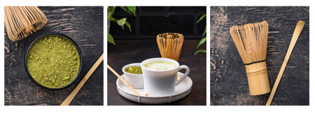 Matcha latte and tools for prepare green tea drink. Food collage