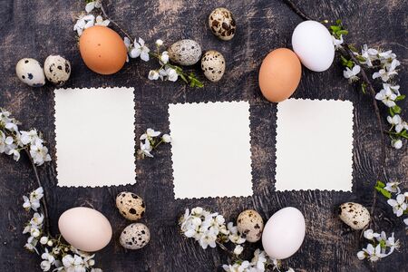 Chicken and quail eggs with blooming branch and empty card. Space for textの写真素材