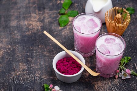 Pink matcha ice latte with milkの写真素材