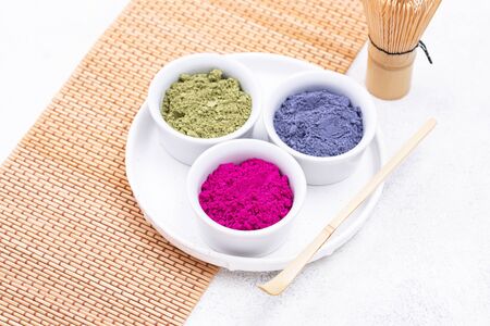Green, blue and pink matcha powderの写真素材