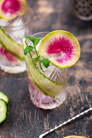 Cocktail with cucumber and radishの写真素材