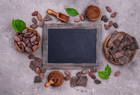 Natural cocoa powder, cocoa beans and chocolateの写真素材