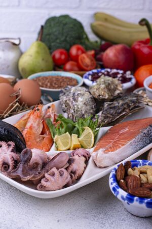 Pescetarian diet with seafood, fruit and vegetablesの写真素材