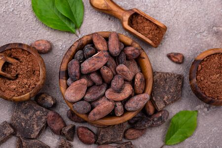 Natural cocoa powder, cocoa beans and chocolateの写真素材