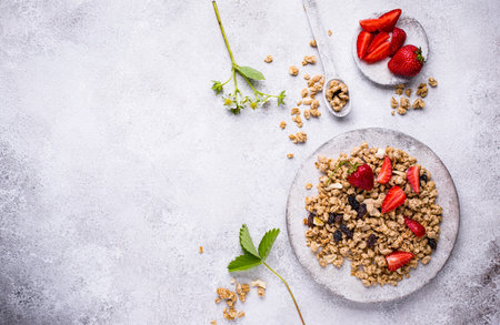 Homemade granola with fresh strawberryの写真素材