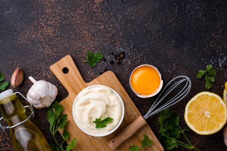 Homemade mayonnaise sauce with ingredientの写真素材