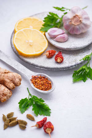 Different Asian spices in small bowlsの写真素材