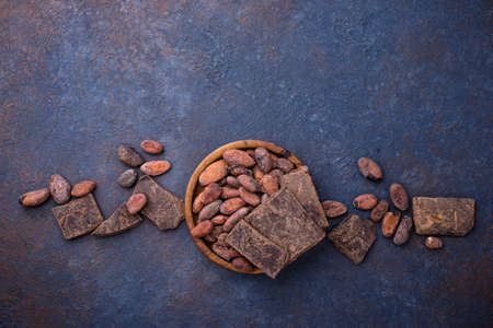 Natural cocoa beans and chocolateの写真素材