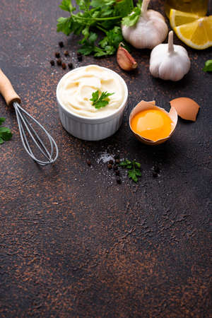 Homemade mayonnaise sauce with ingredient for cookingの写真素材