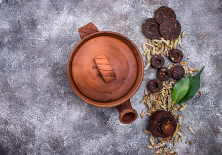 Different pressed Chinese pu-erh tea and shu pu'er in tangerine