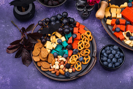 Halloween appetizers. Cheese plate with snacks