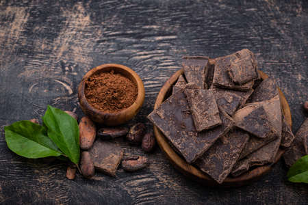 Natural cocoa powder, cocoa beans and chocolateの写真素材