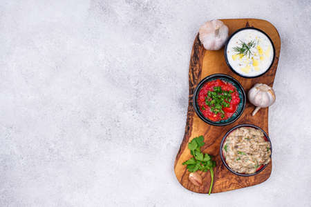 Baba ganoush, tzatziki and tomato ezmeの写真素材