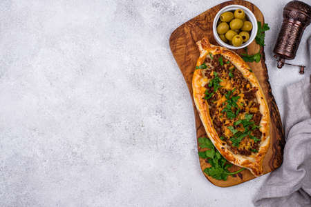 Traditional Turkish pide with meatの写真素材
