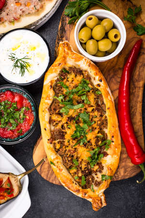 Traditional Turkish pide with meatの写真素材