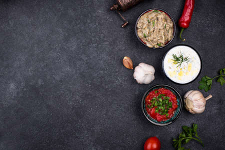 Baba ganoush, tzatziki and tomato ezmeの写真素材