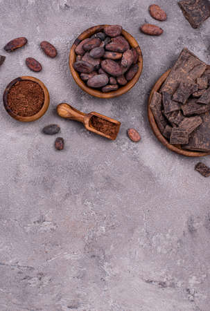 Natural cocoa powder, cocoa beans and chocolateの写真素材