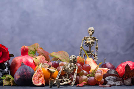 Halloween composition with autumn fruitsの写真素材