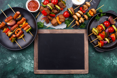 Grilled kebabs with meat, mushrooms and vegetables