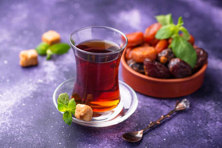 Turkish tea with dried fruitsの写真素材