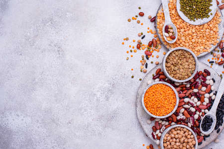 Various legumes. Lentils, beans, pea, chickpeaの写真素材