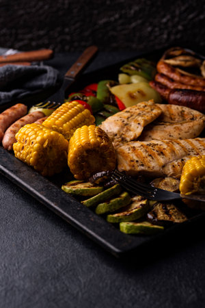 Grilled sausages, meat, and vegetables.の写真素材