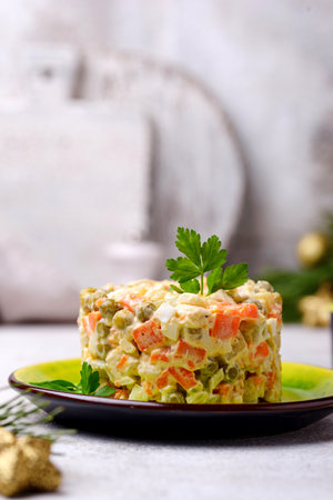 Traditional New year Russian salad Olivierの写真素材