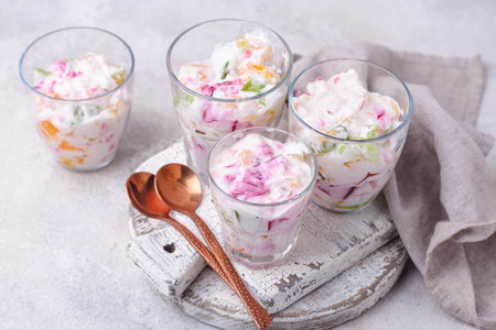 Multicolored dessert with fruit jelly