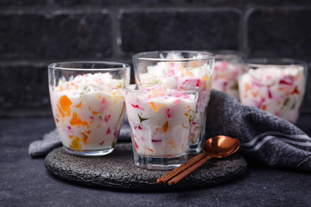 Multicolored dessert with fruit jelly