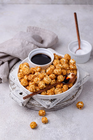 Salted caramel popcorn in bowlの写真素材