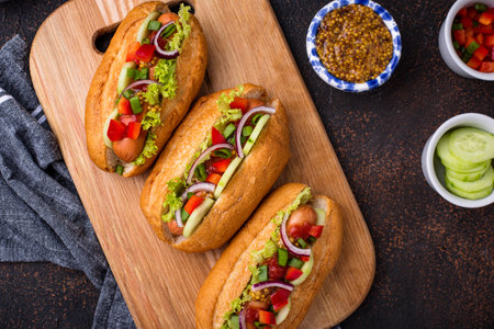 Hot dogs with sausage, sauces and vegetablesの写真素材